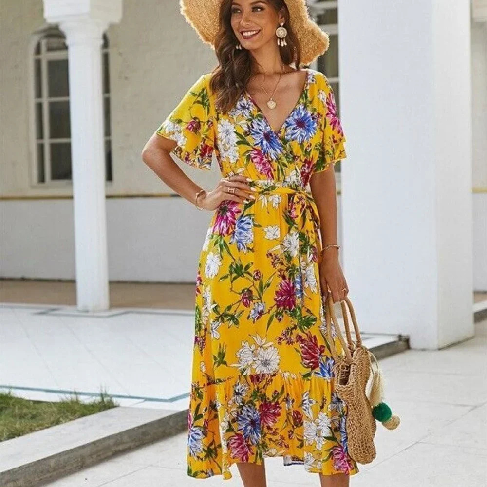 GAOVOT Women’s Size L Yellow Floral Elegant V-neck Belted Surplice Maxi Dress